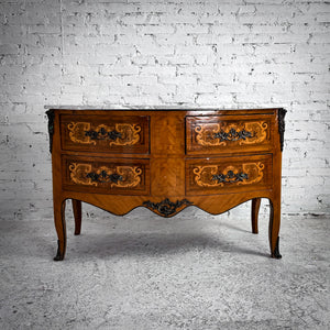 Early 20th C. Bombe Louis XV Marble Top Veener Wood Chest of Drawers