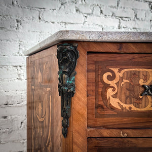 Early 20th C. Bombe Louis XV Marble Top Veener Wood Chest of Drawers