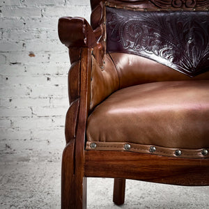 Set of 2 Colonial Leather Carved Wood Lounge Chair