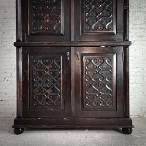 2 Piece Tall English Reproduction Carved Wood Media Cabinet