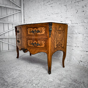 Early 20th C. Bombe Louis XV Marble Top Veener Wood Chest of Drawers