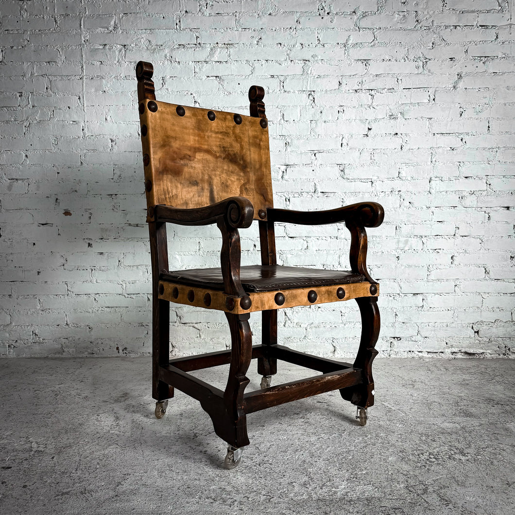 Antique Spanish Colonial Leather Wood Armchair