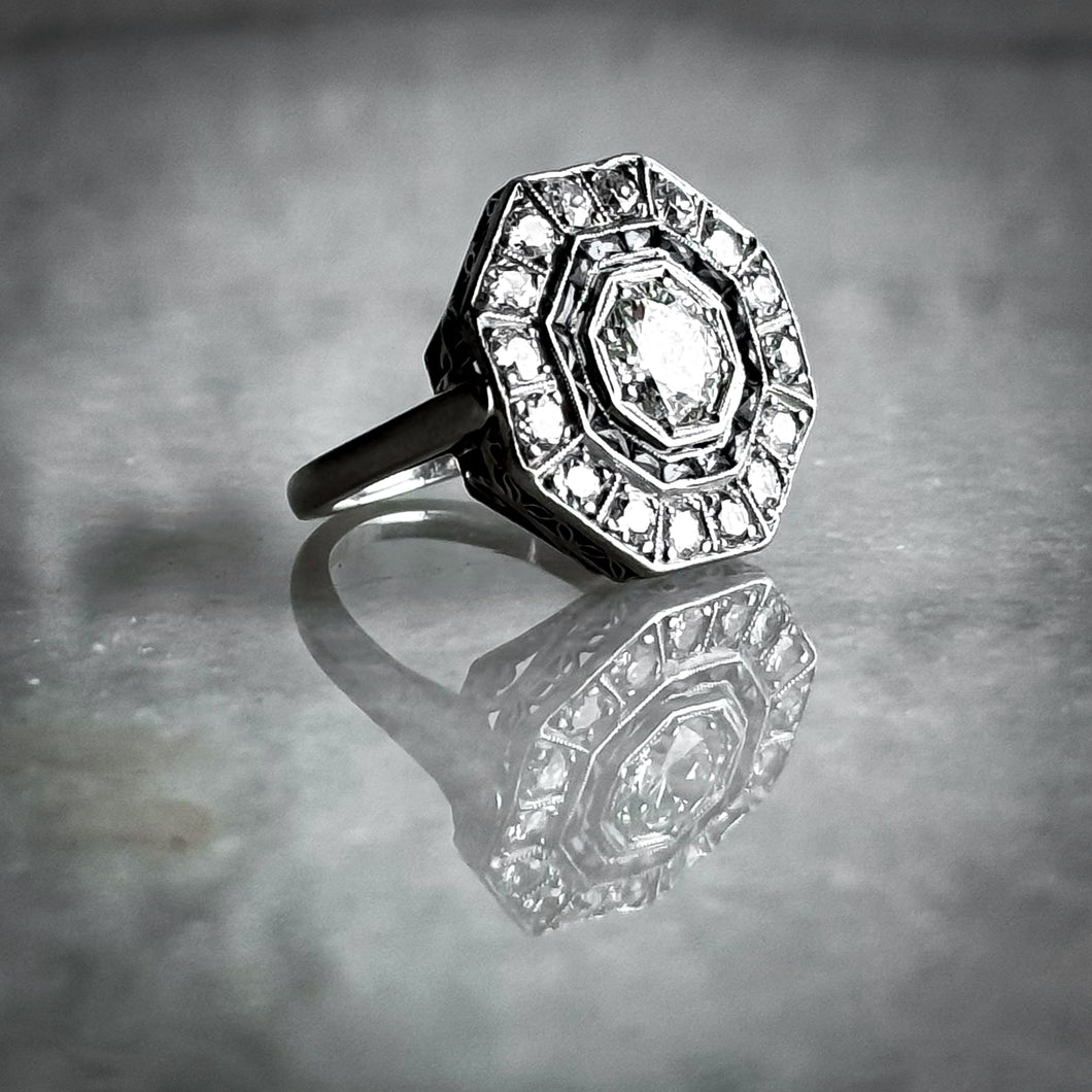 Custom Art Deco Platinum Diamond Cocktail Ring