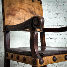 Load image into Gallery viewer, Antique Spanish Colonial Leather Wood Armchair
