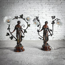 Load image into Gallery viewer, Pair Early 20th C. Auguste Moreau Bronzed Figural Spelter Standard Table Lamp
