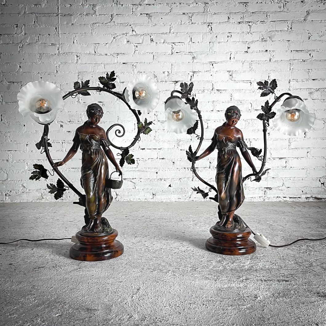 Pair Early 20th C. Auguste Moreau Bronzed Figural Spelter Standard Table Lamp