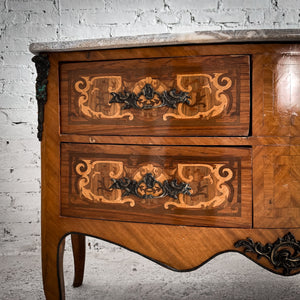 Early 20th C. Bombe Louis XV Marble Top Veener Wood Chest of Drawers