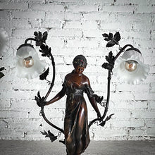 Load image into Gallery viewer, Pair Early 20th C. Auguste Moreau Bronzed Figural Spelter Standard Table Lamp
