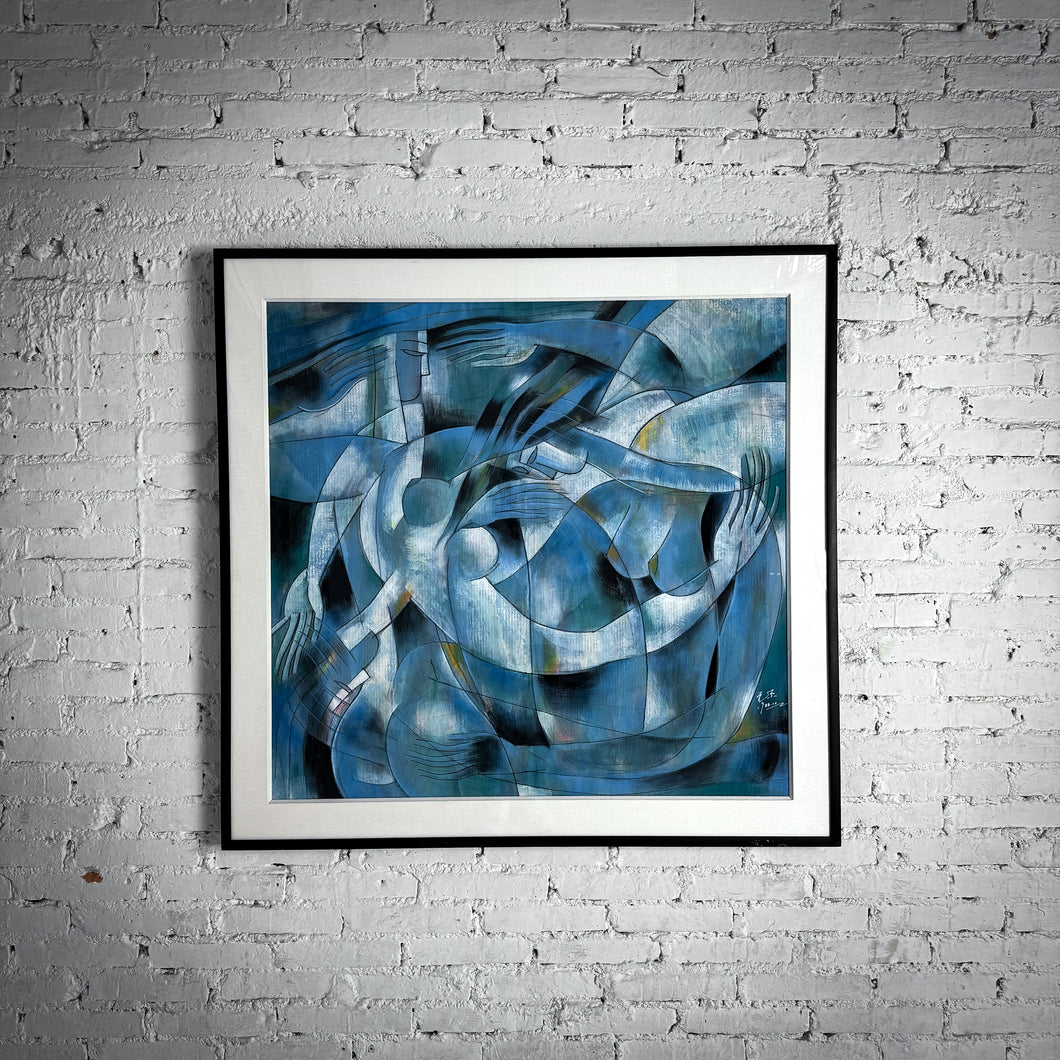 1988 Contemporary Figurative Abstract Blue Gouache Painting