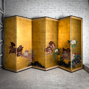 Meiji Period c. 1870 Japanese Tempera Gold Leaf Paper Screen