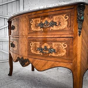 Early 20th C. Bombe Louis XV Marble Top Veener Wood Chest of Drawers