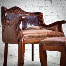 Load image into Gallery viewer, Set of 2 Colonial Leather Carved Wood Lounge Chair
